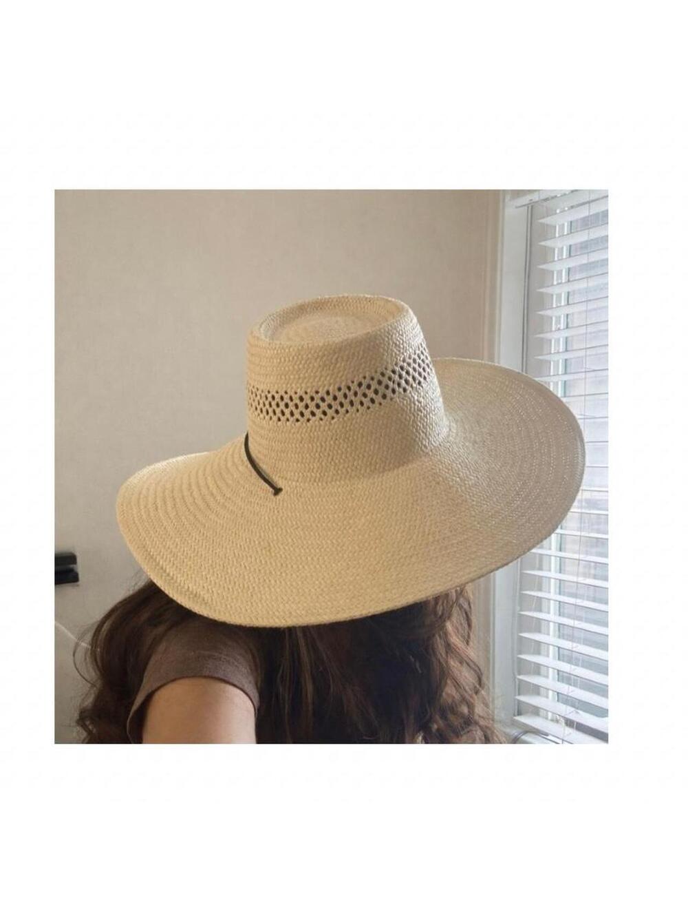 Wide Brim Straw Sun Hat with Chin Strap Woven Summer Beach Hat Neutral Beige - Picture 5 of 5